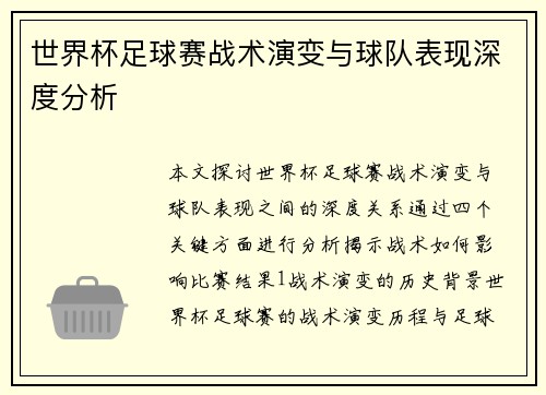 世界杯足球赛战术演变与球队表现深度分析